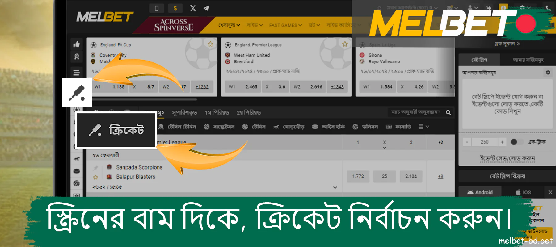 Melbet ওয়েবসাইটে, স্ক্রিনের বাম দিকে ক্রিকেট বিকল্পটি নির্বাচন করুন।