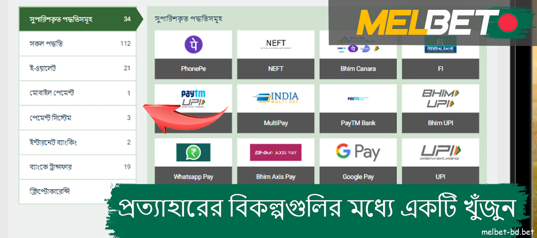 বাম দিকের তালিকা থেকে Melbet দ্বারা প্রদত্ত প্রত্যাহারের বিকল্পগুলির মধ্যে একটি খুঁজুন।