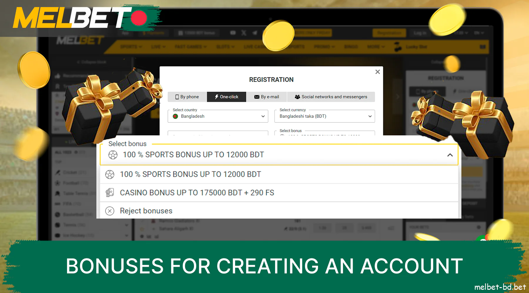 Welcome bonus options for sports betting or casino games on the Melbet website for Bangladeshi players