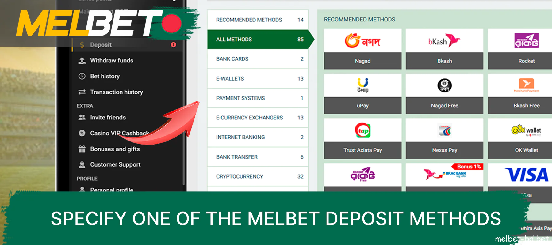 Specify one of the deposit methods on the Melbet website