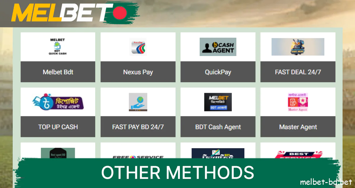 E-vouchers, in-game products and e-currency exchangers are some additional ways to fund your Melbet account in Bangladesh