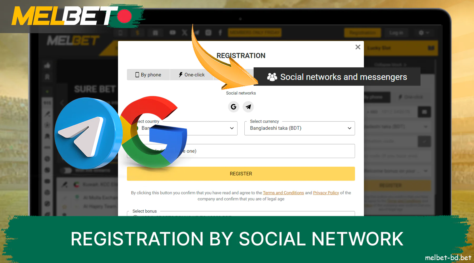 Data is collected from your Google or Telegram social network profile on the Melbet website