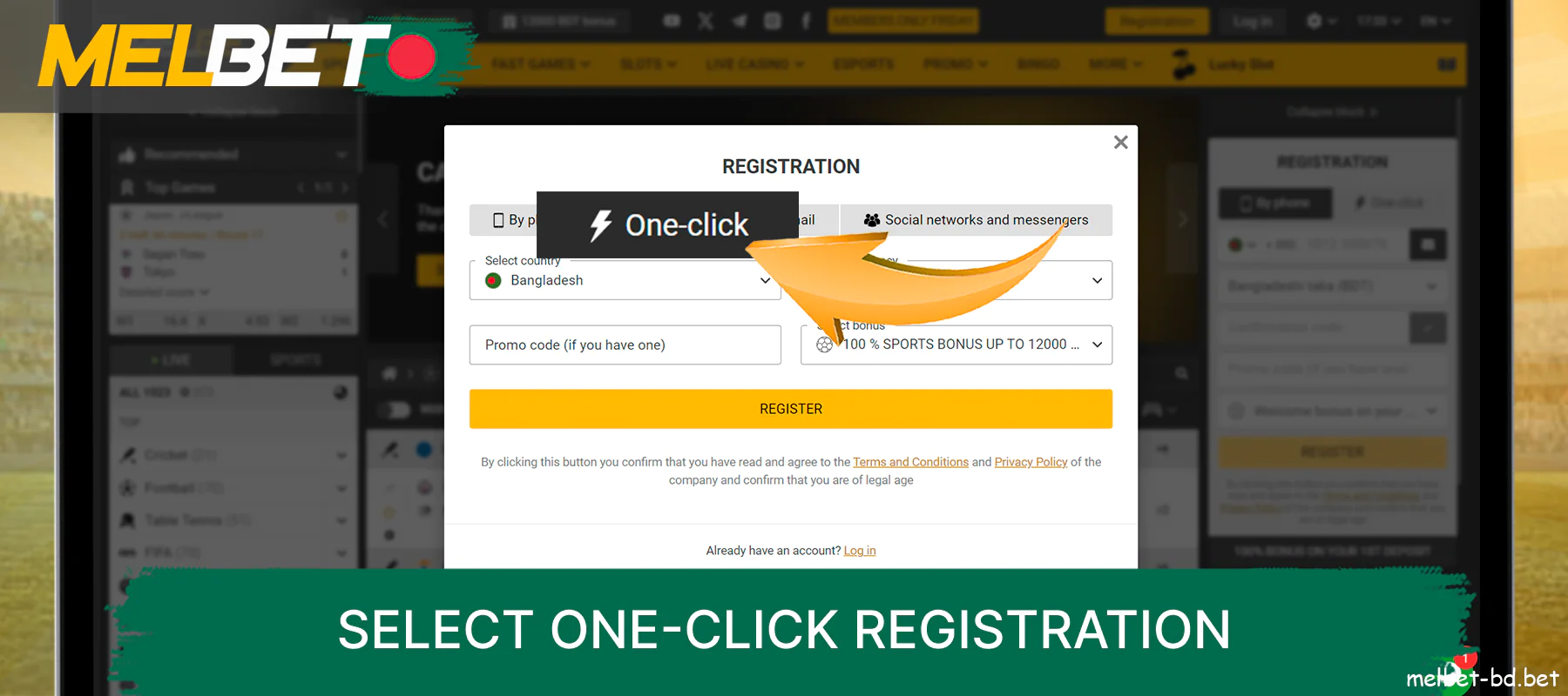 Select One-Click Registration on the Melbet website