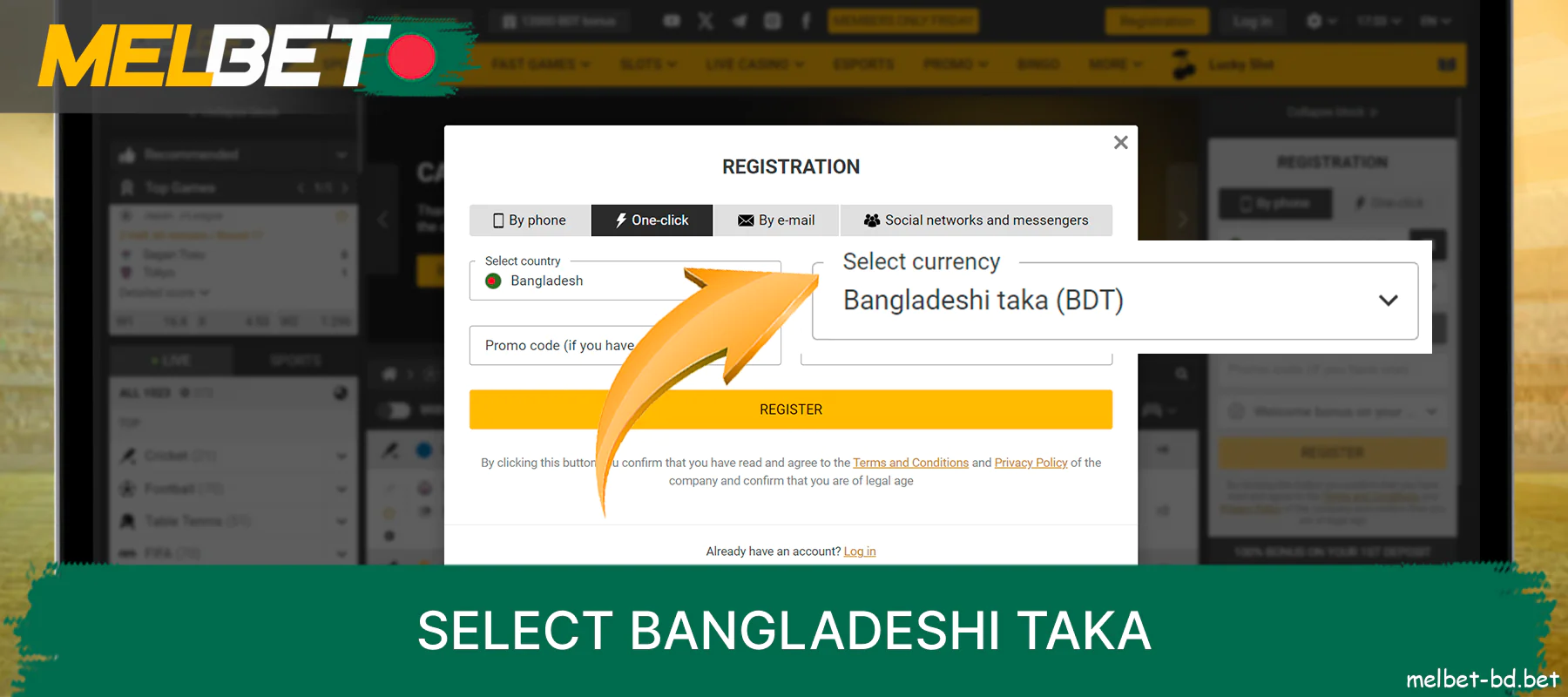 Select Bangladeshi Taka as your main currency on the Melbet website