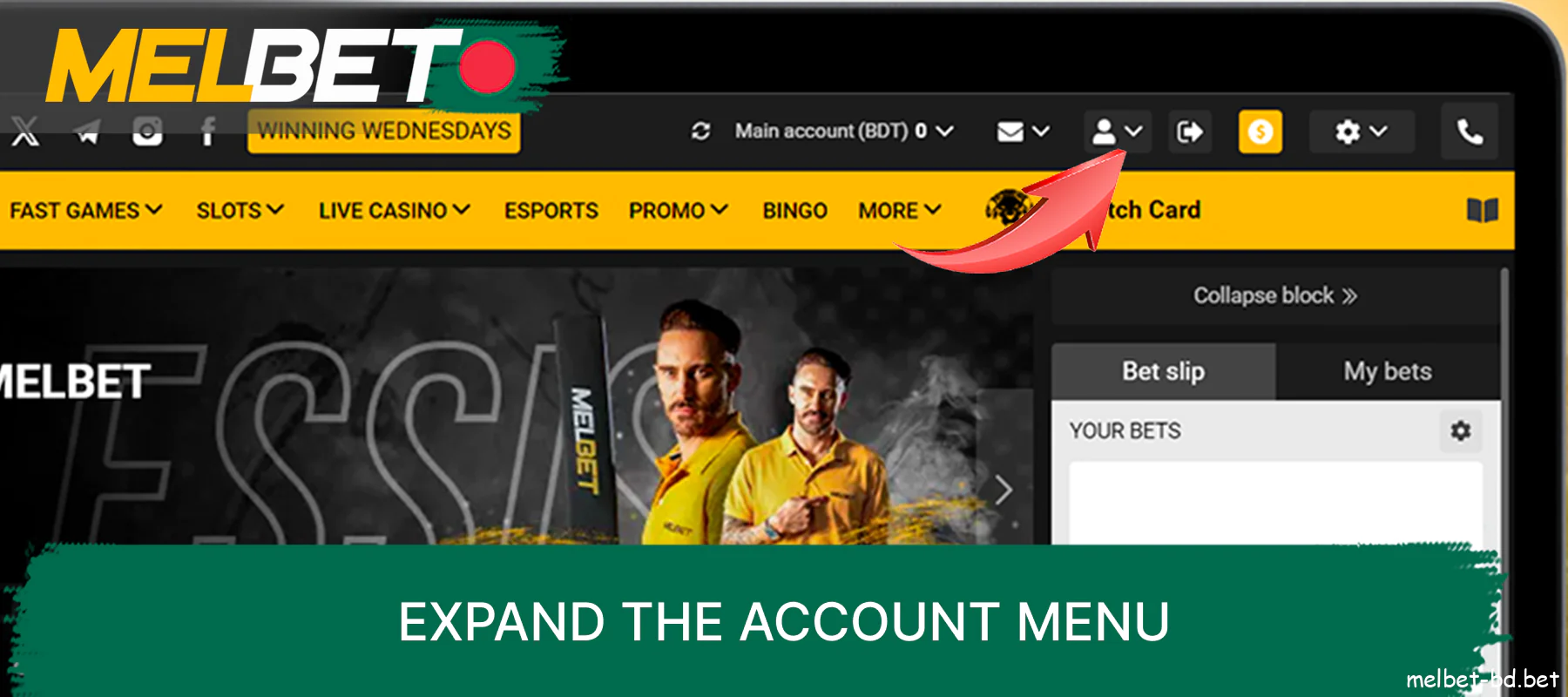 Expand the account menu by clicking the button on the Melbet website