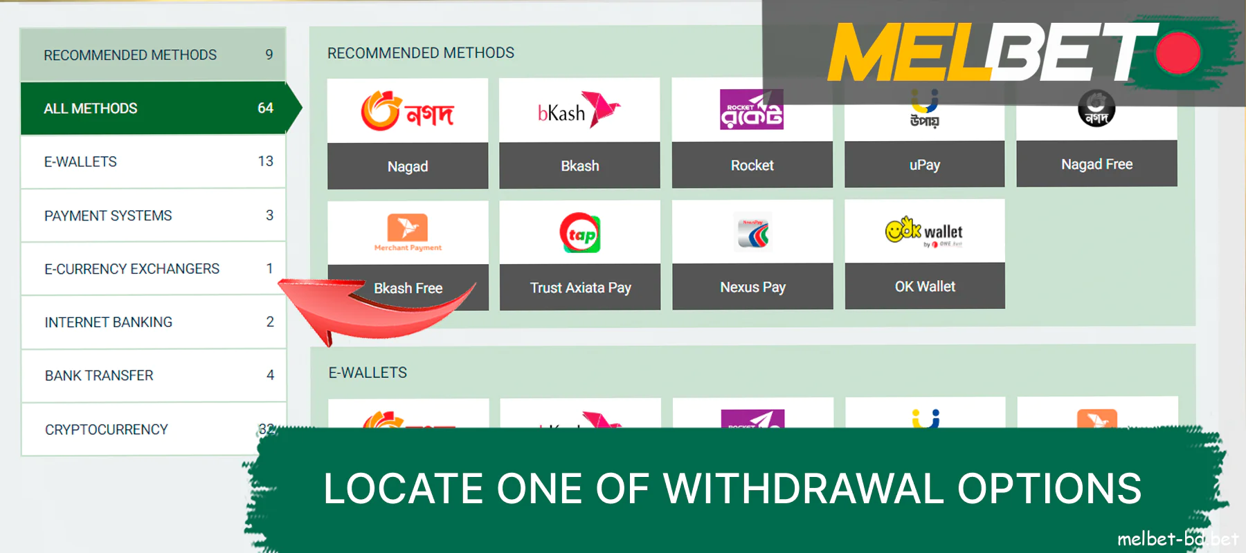 Find one of the withdrawal options offered by Melbet from the list on the left.