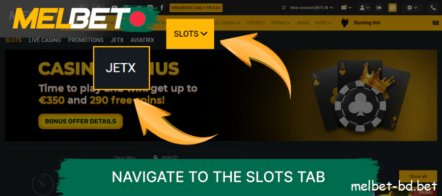 Navigate to the Slots tab in the header and locate the JetX button at the top of the Melbet website