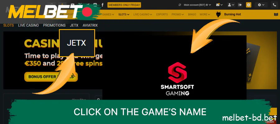 Click on the JetX game name and wait for it to load on Melbet