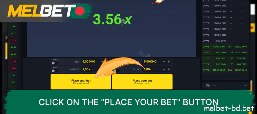 Click the Place Your Bet button and wait for the round to start in the Melbet JetX game