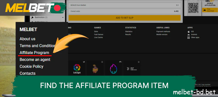 Find the affiliate program item on the Melbet website