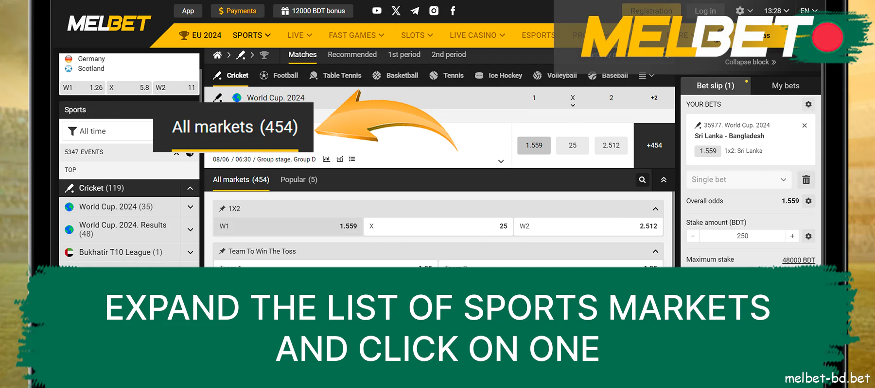 At Melbet, open the sports market and choose your choice