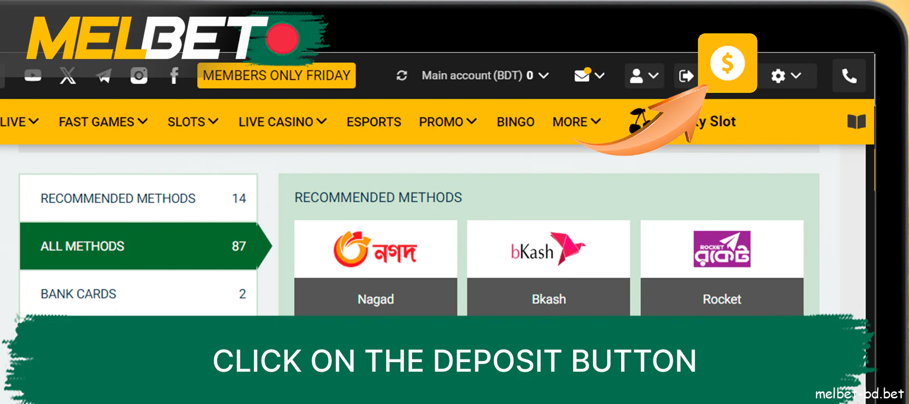 Deposit to your Melbet account, click the “Deposit” button