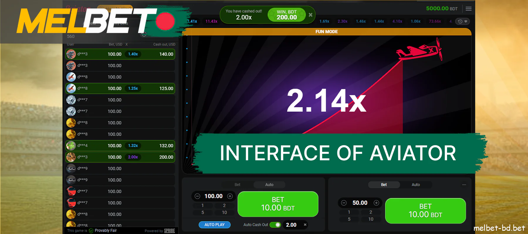 User-friendly interface of playing Aviator Melbet Bangladesh