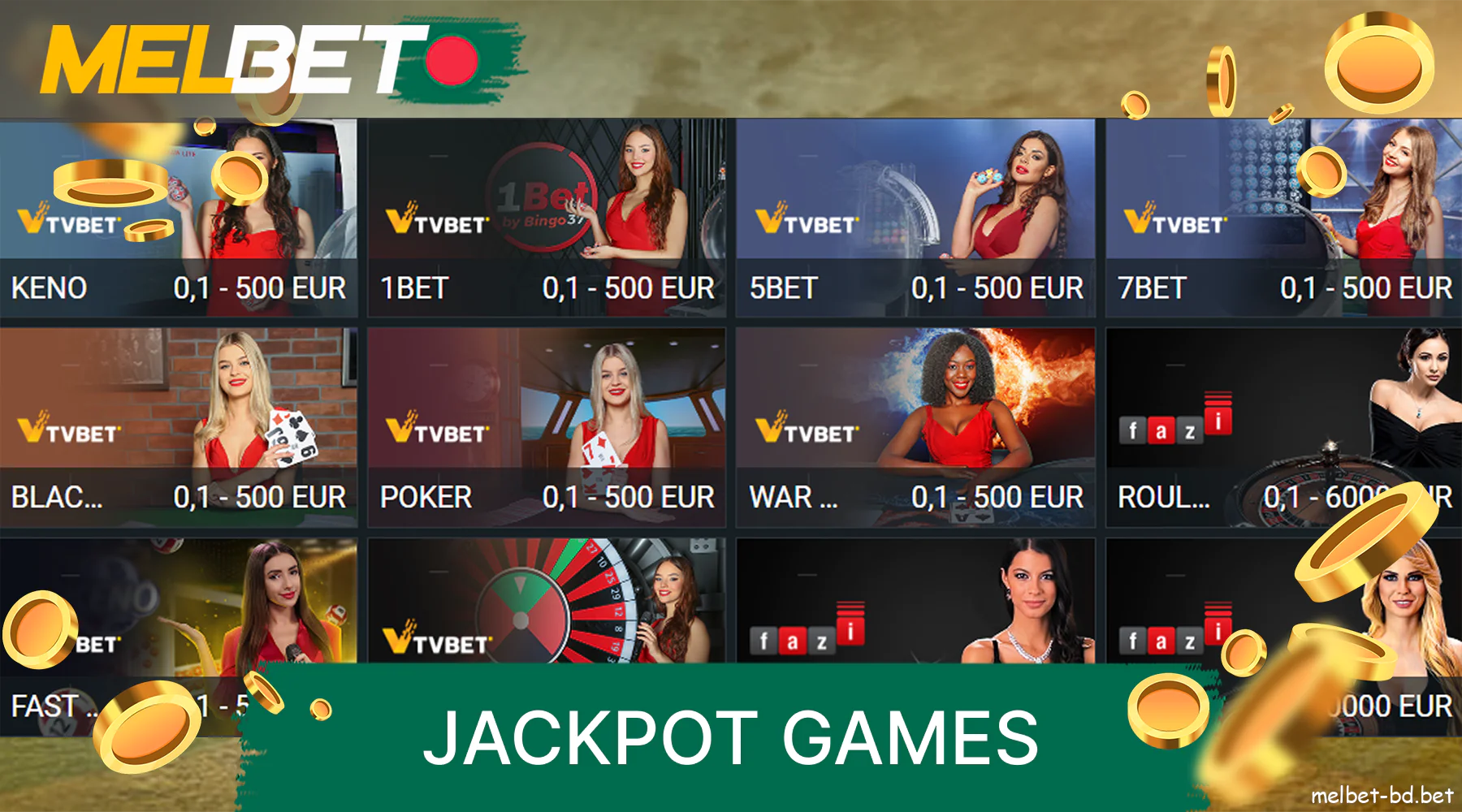 A wide variety of jackpot games are available on the Melbet casino website