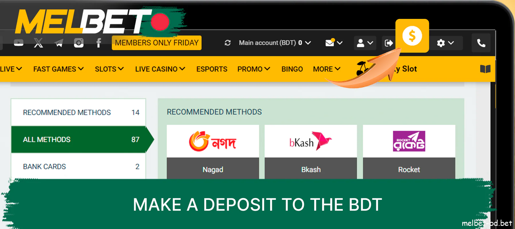 To deposit to Melbet, click the Deposit button