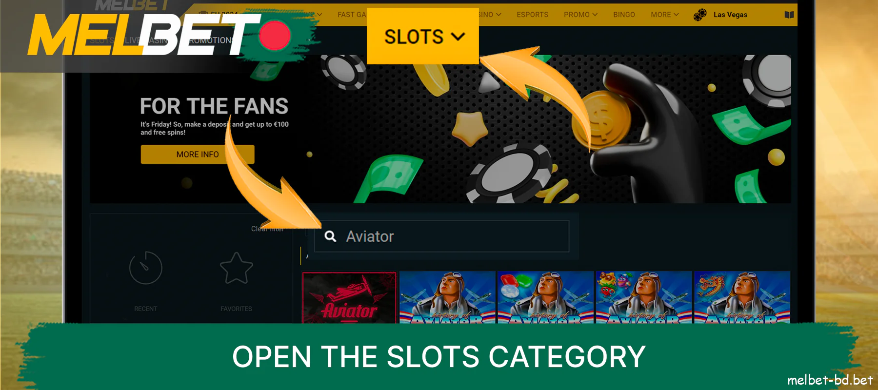 Find the Aviator game from Melbet in the navigation horizontal menu