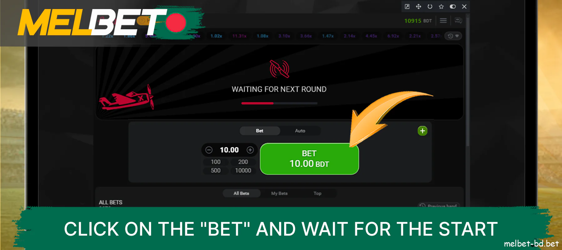 Click the big green button to bet on the next round at Melbet Aviator