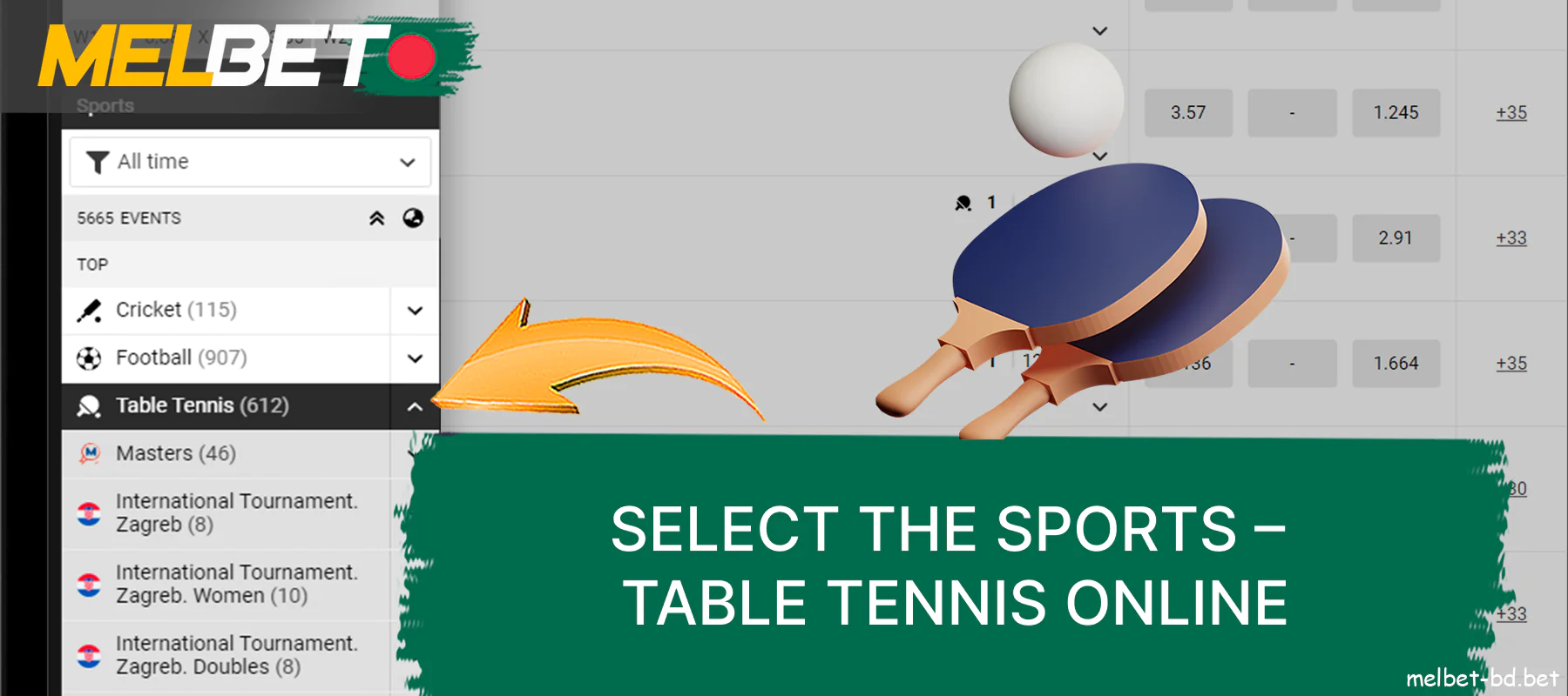 Use left -hand menu to select your interest game - Table Tennis Online on Melbet