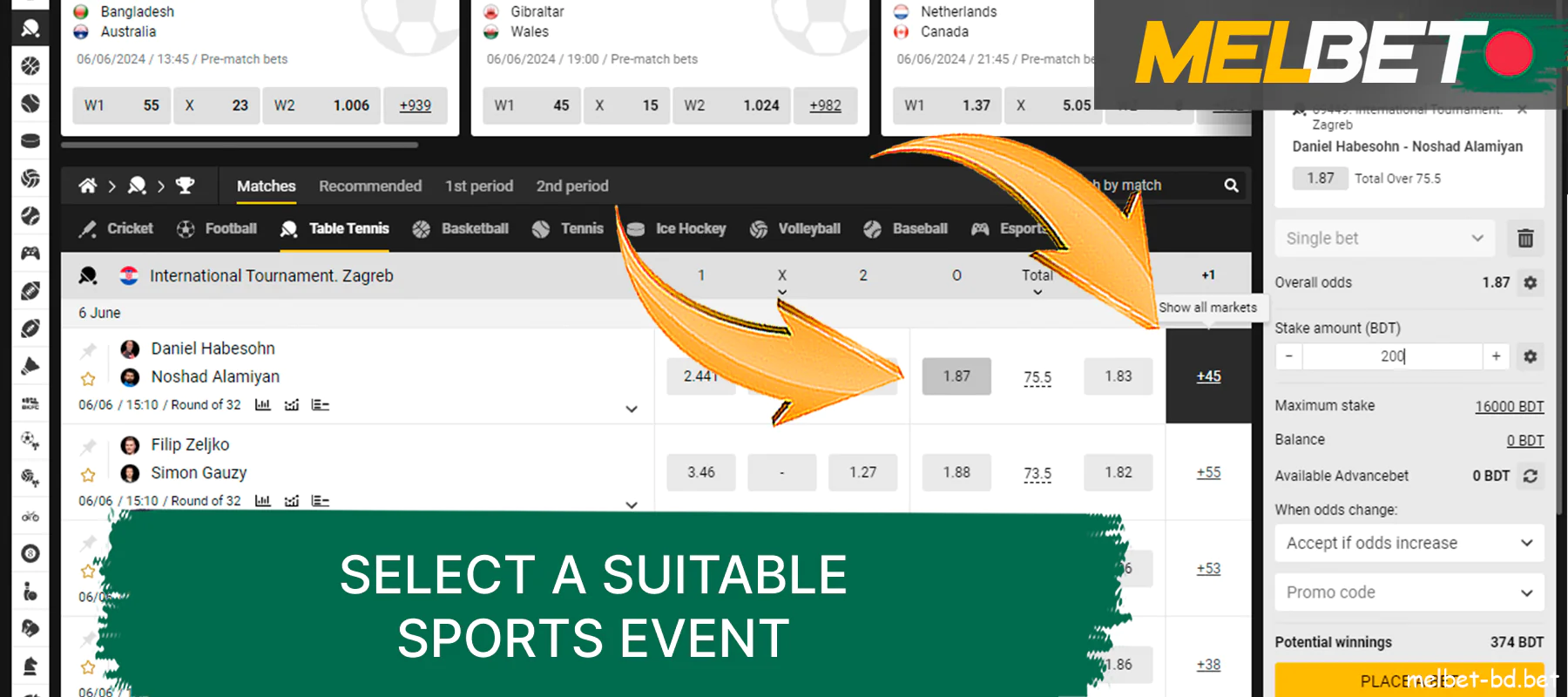 Choose a sports event from the list on the Melbet website