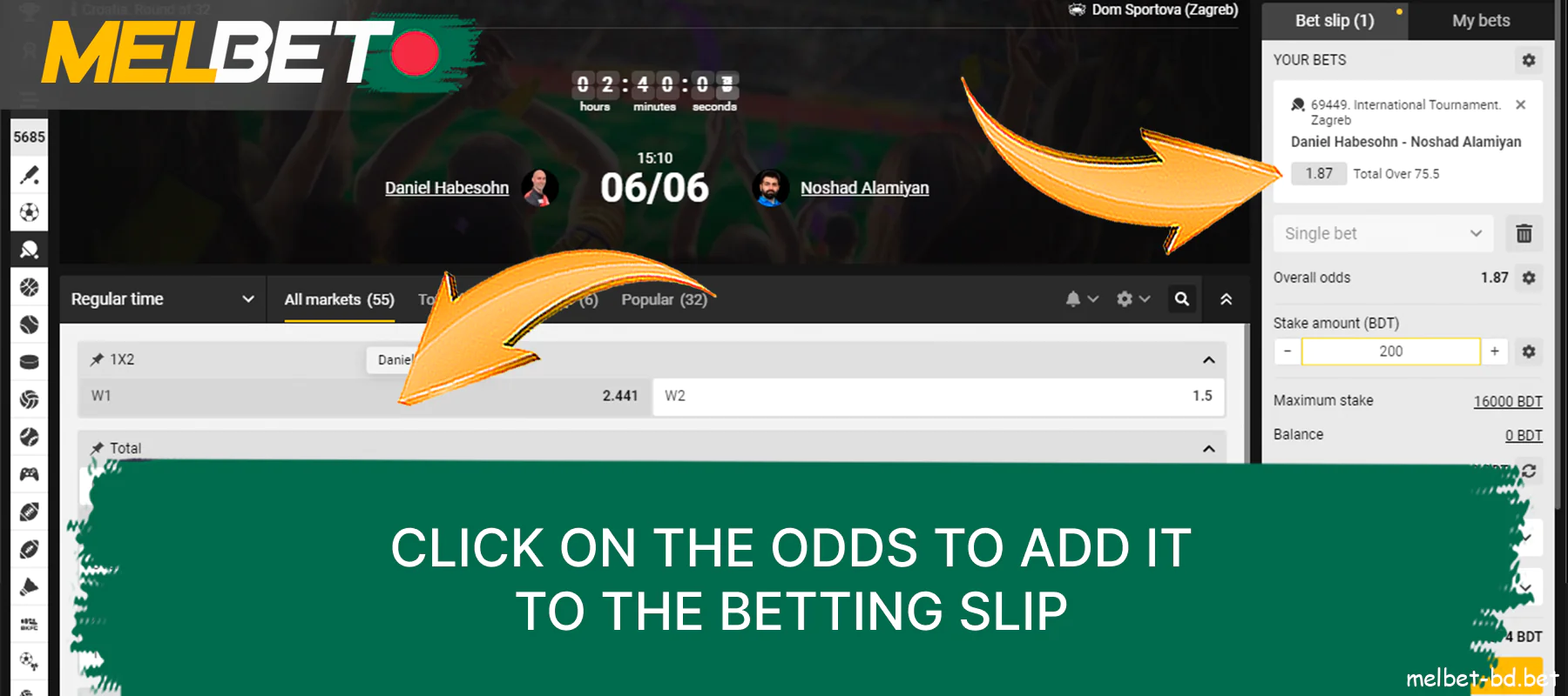 Click on a specific result to add it to the Melbet Betting slip