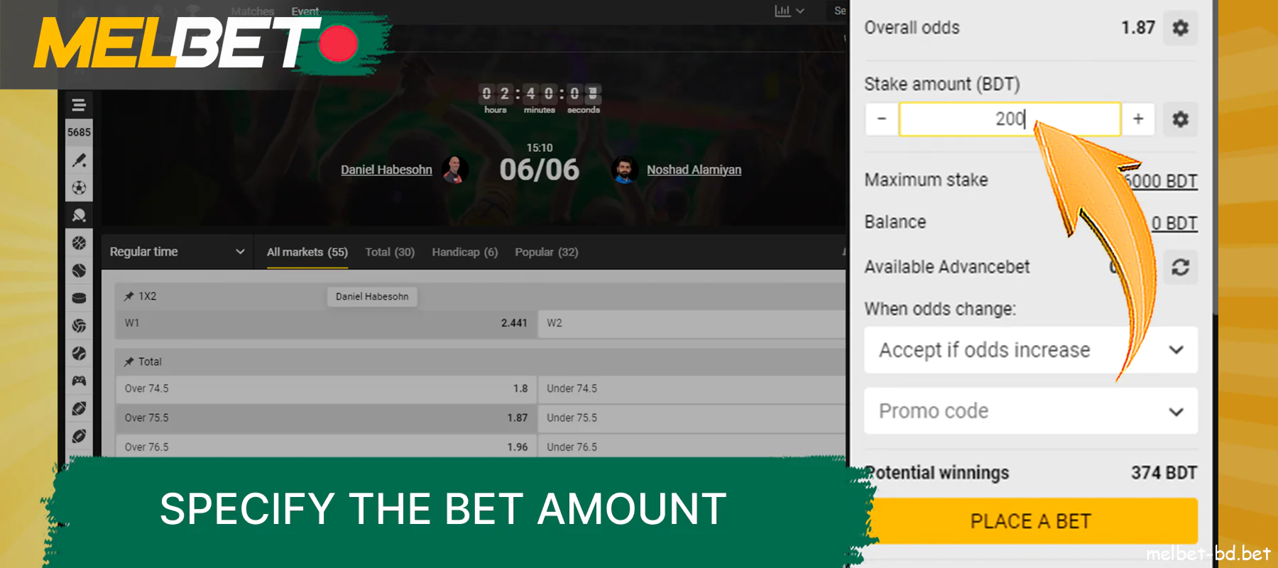 Specify the amount of the bet and choose the steps to change adversity on the Melbet website