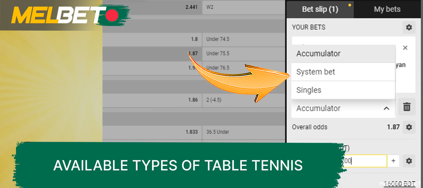 Table tennis bet types at Melbet